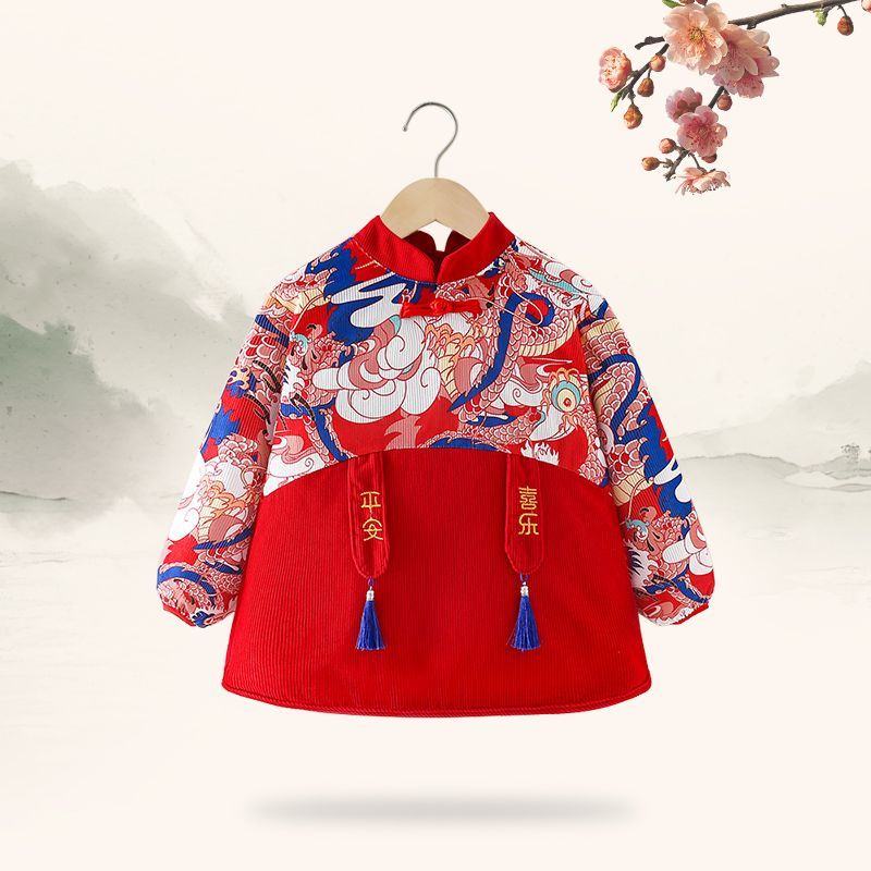 男宝国风儿童龙年罩衣宝宝吃饭围兜秋冬外穿防水防脏过年穿拜年服