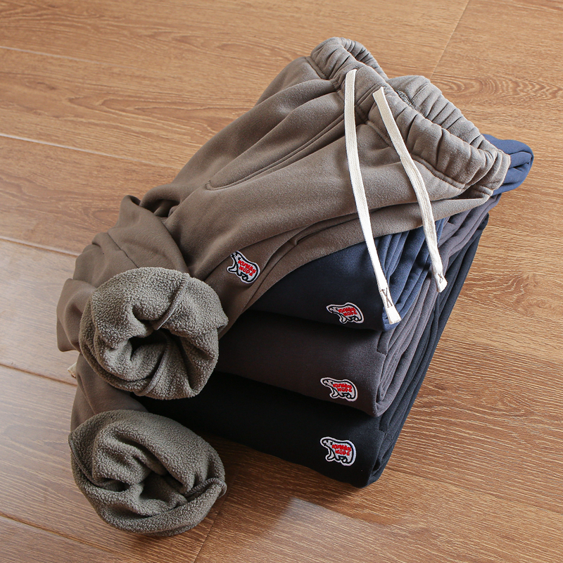 俄罗斯户外 北极熊刺绣 男士加绒加厚弹力复合绒保暖休闲裤卫裤