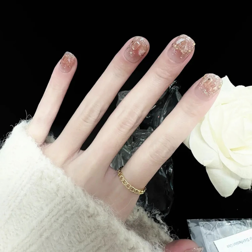 419-1短圆香槟之夜24片穿戴美甲带钻成品假指甲贴片时尚简约爆闪