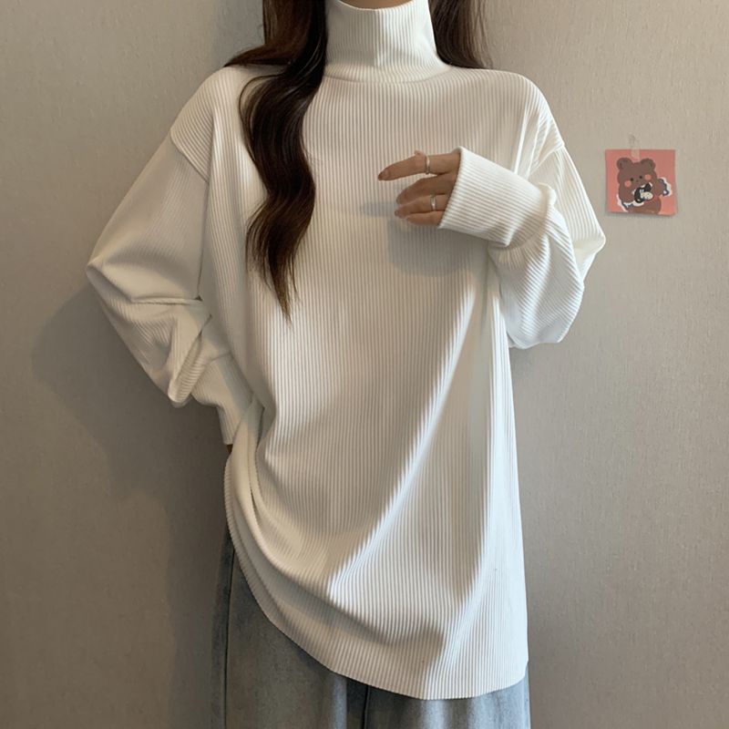 高领德绒打底衫女秋冬季新款宽松显瘦内搭大码保暖中长款恤上衣