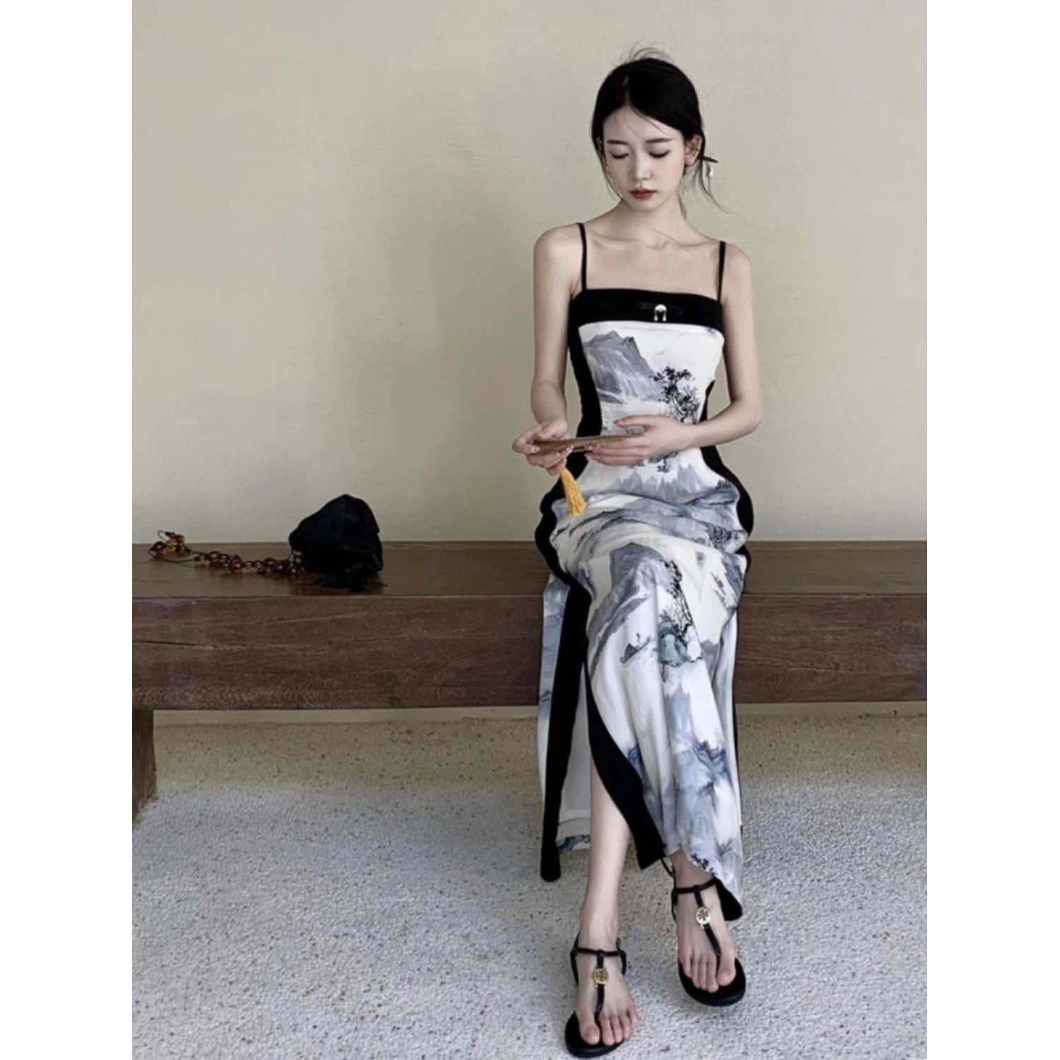 国风腰精新中式设计吊带裙女夏季新款气质优雅显瘦中长款连