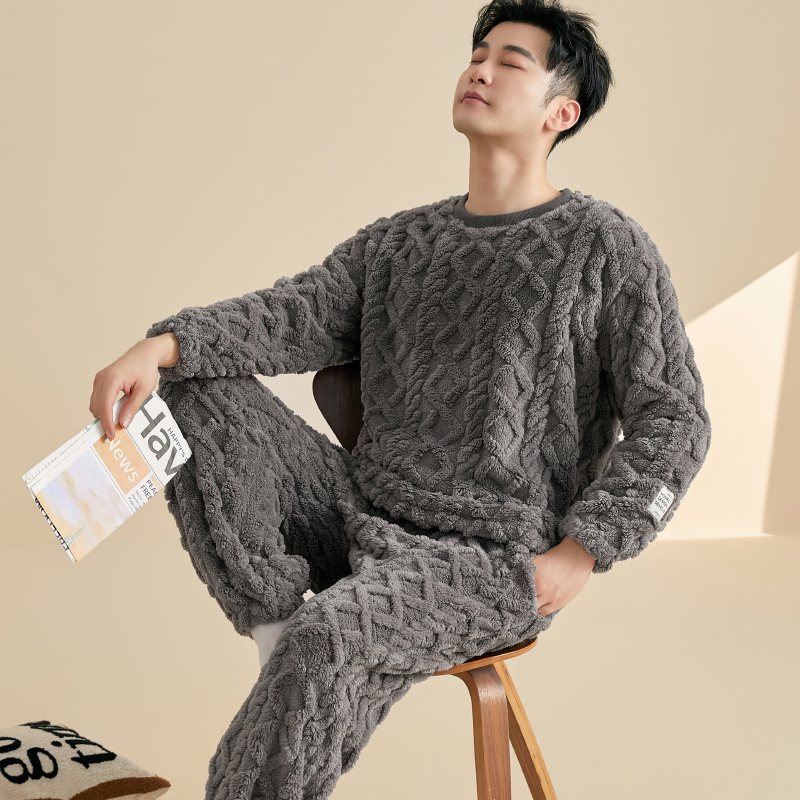 秋冬款睡衣男士珊瑚绒加绒加厚保暖法兰绒冬季家居服男款冬天套装