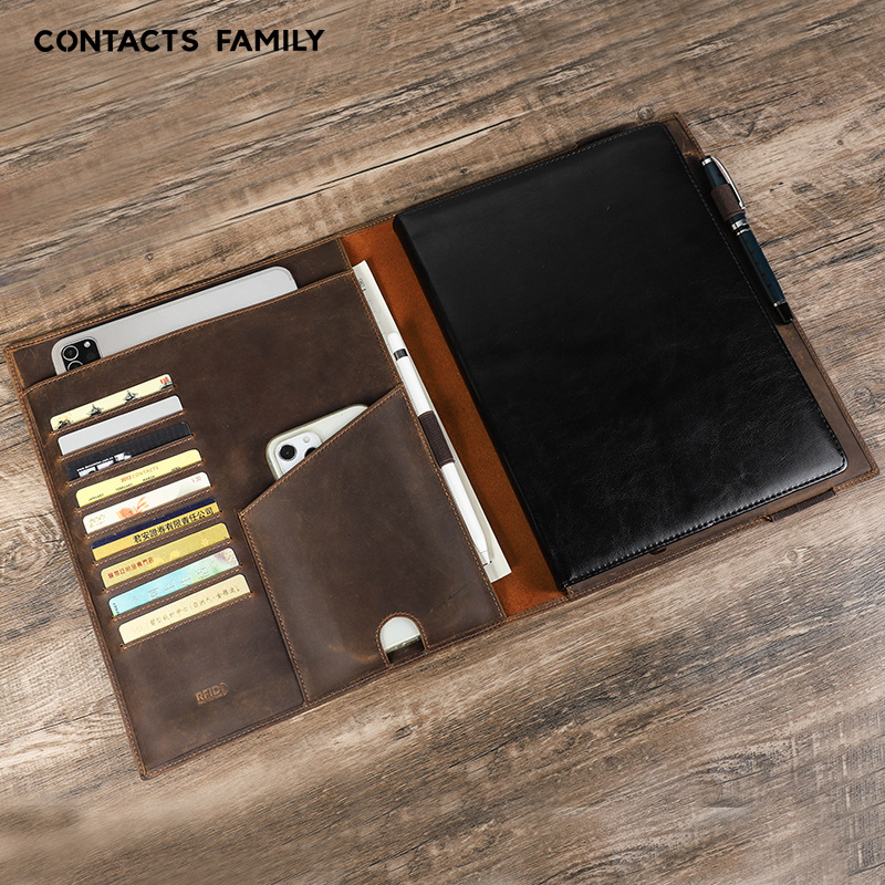 复古疯马皮A4纸笔记本封套可放ipad12.9户外旅行多功能记事本皮套