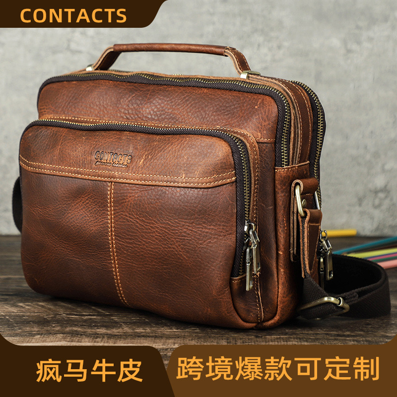 复古疯马牛皮可装10.5寸IPAD男士单肩包斜挎包多功能真皮男包