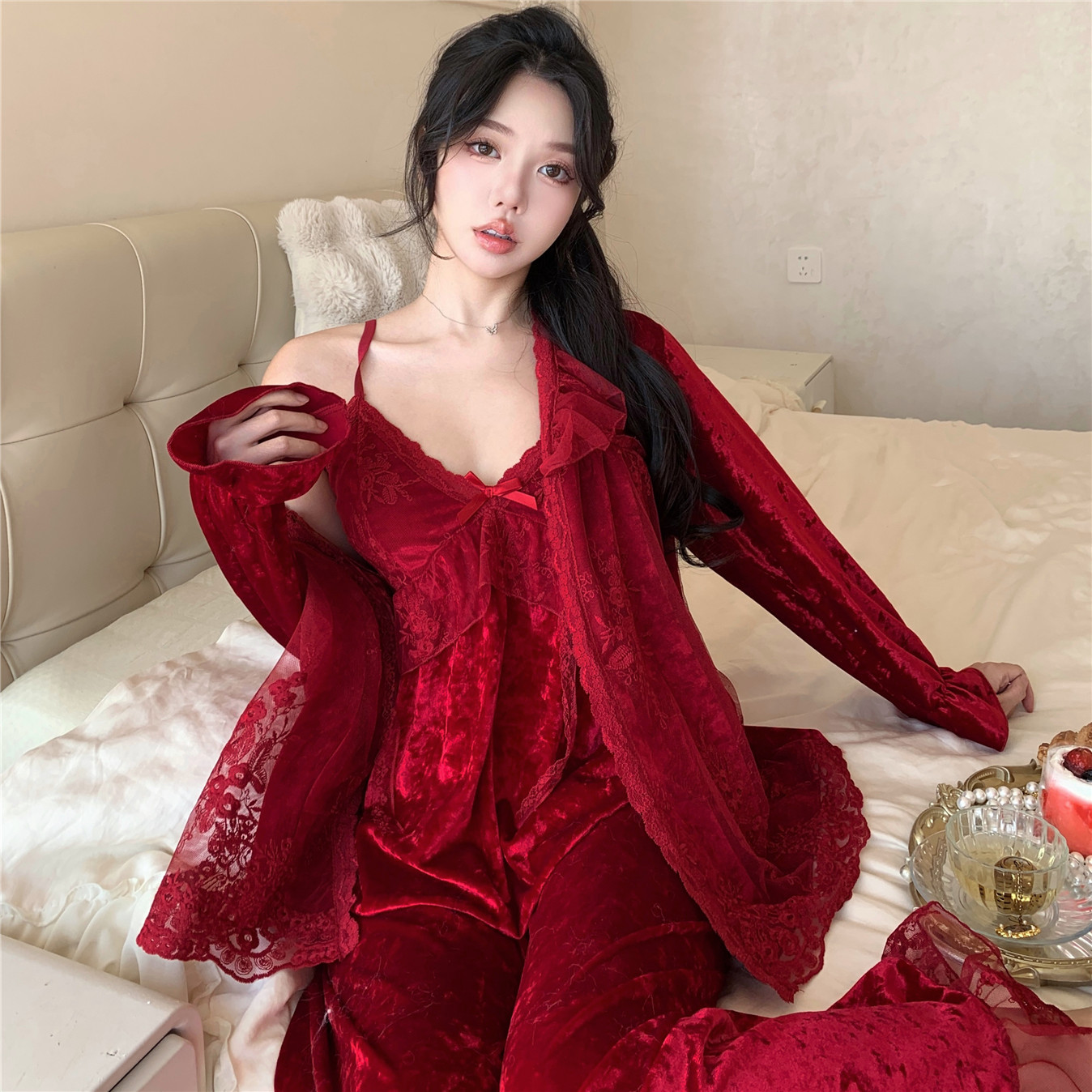 春秋冬季金丝绒睡衣女款红色结婚新婚本命年金钻绒三件套装家居服
