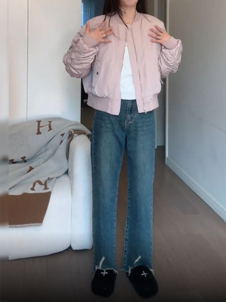 韩版正肩袖夹棉抽褶棒球棉服短款外套女新款菱格宽松面包服女