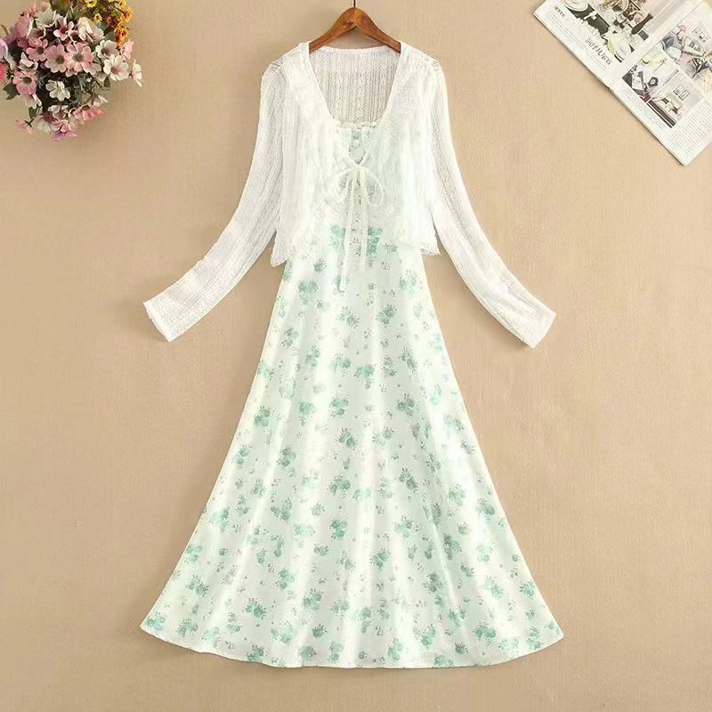 气质碎花吊带连衣裙夏季紫色薄款针织开衫收腰显瘦印花遮肉长裙