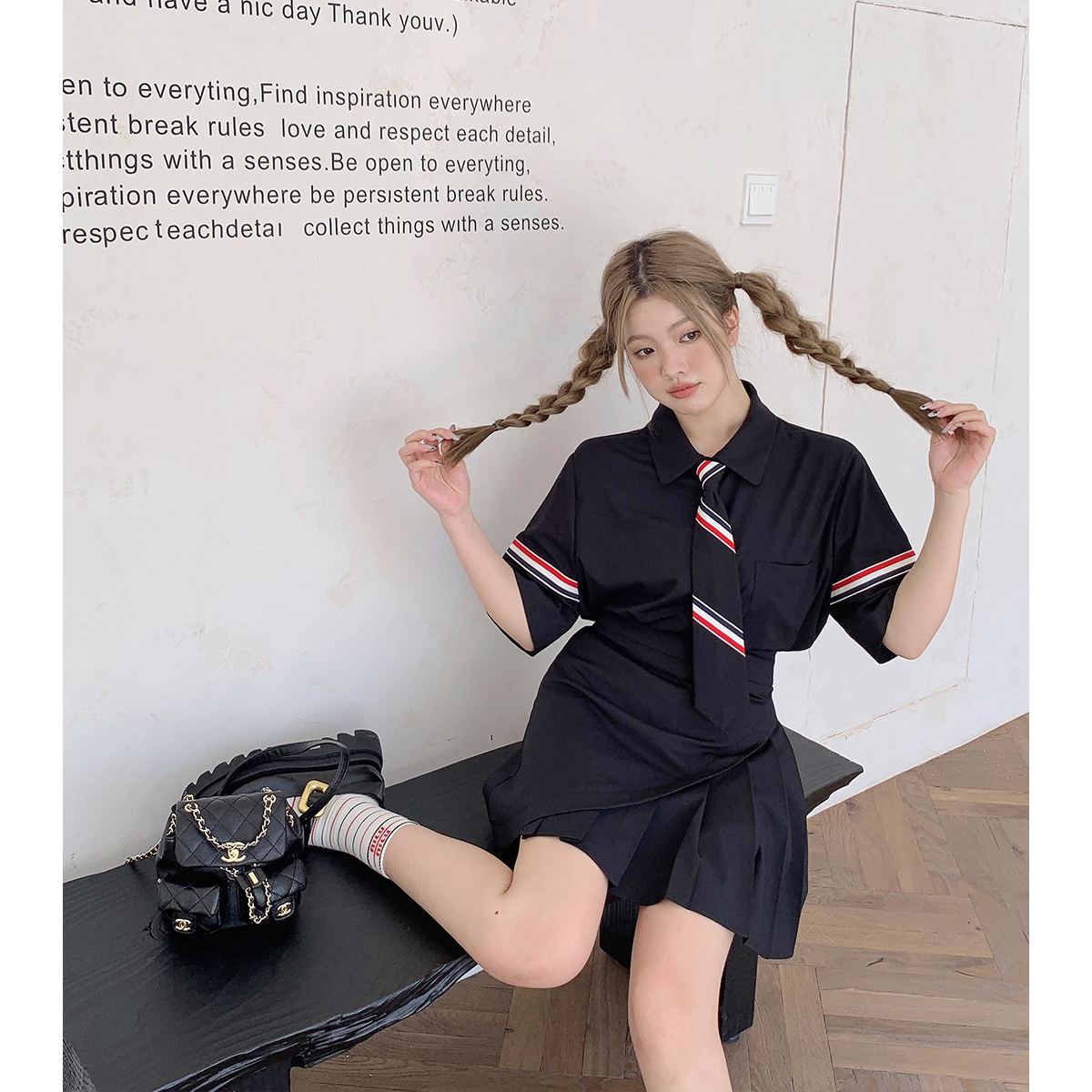 晶咕白标~领带衬衫高腰A字半身裙套装女夏季大码学院风两件套显瘦