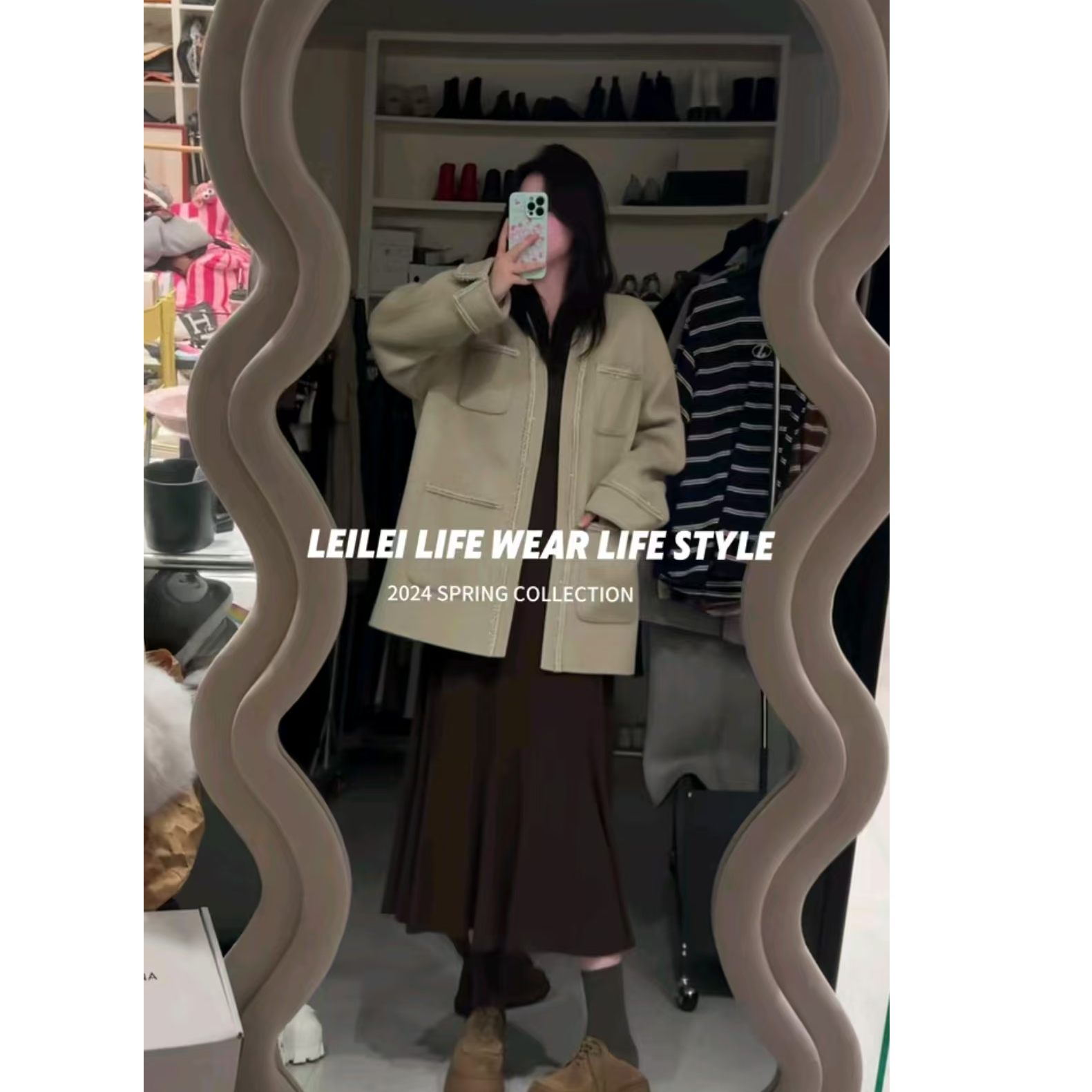 晶咕【步步生莲】韩版大圆领纽扣纯色长袖下摆鱼尾连衣裙
