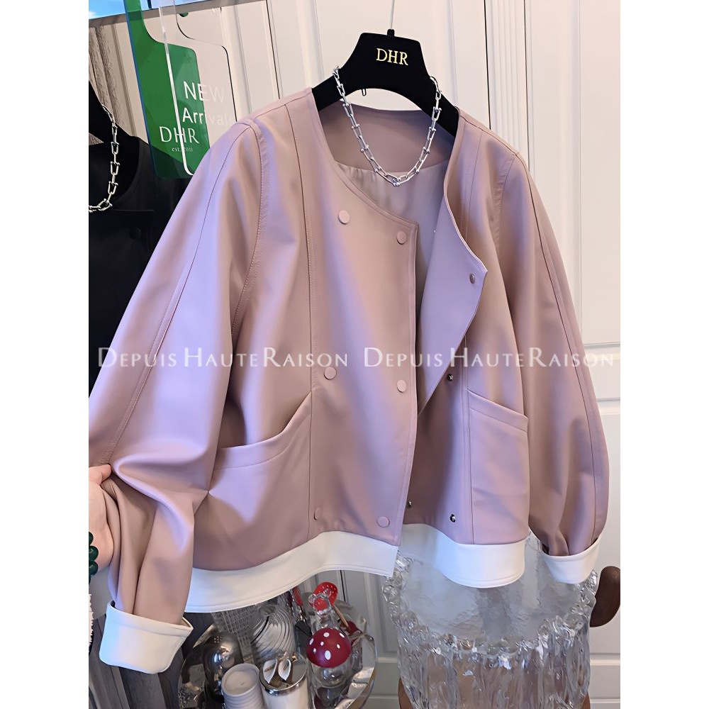 时尚2023复古港风chic甜辣撞色中性风皮衣外套女短款老爹风上衣秋