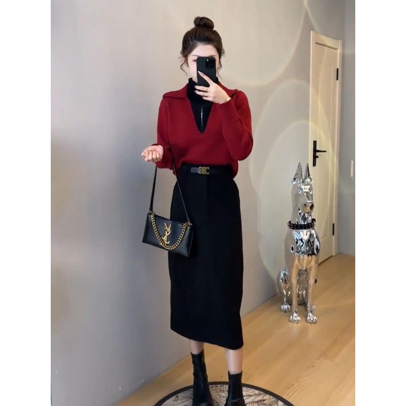 秋冬季新款港味复古假两件拼接毛衣+时尚百搭A字半身裙两件套装裙