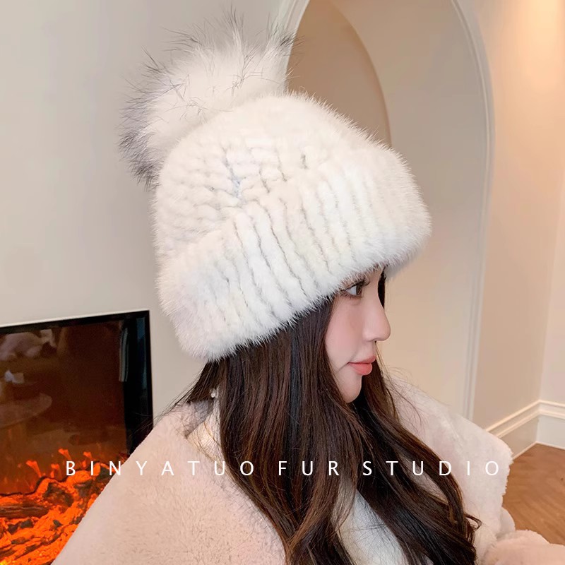 冬季保暖护耳帽子 水貂毛编织+狐狸毛球弹力皮草女帽韩版可爱真毛