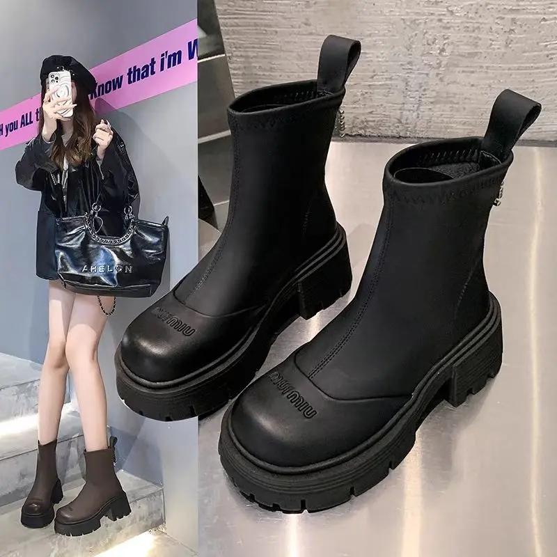 厚底增高马丁靴女欧洲站炸街小短靴2023新款秋季小个子切尔西单靴