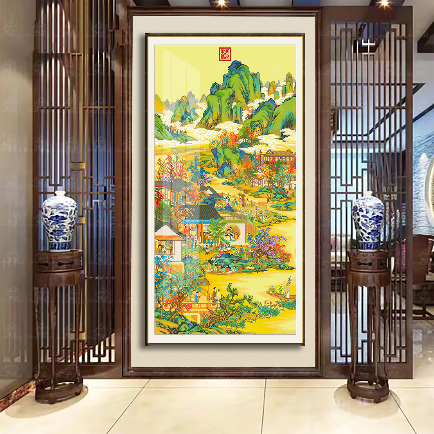 爱阁十字绣 雍正十二月——九月赏菊 古绢布新中式竖版刺绣装饰画