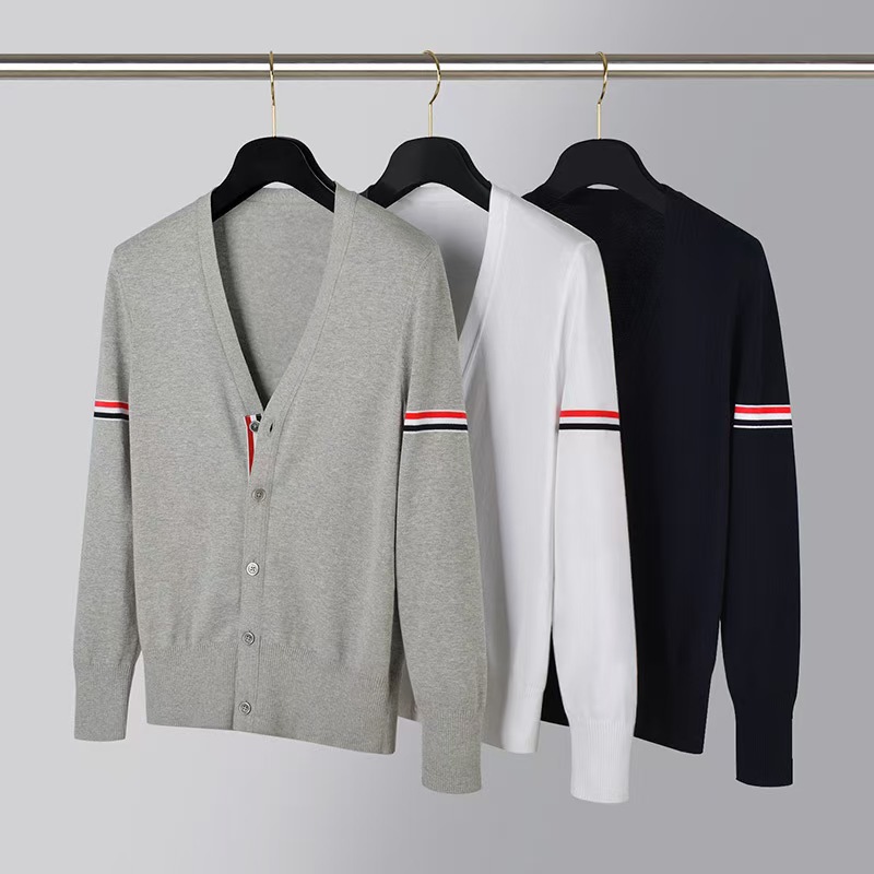 秋冬款TB全棉红白蓝色织一体贝壳纽扣针织开衫男女情侣装休闲外套