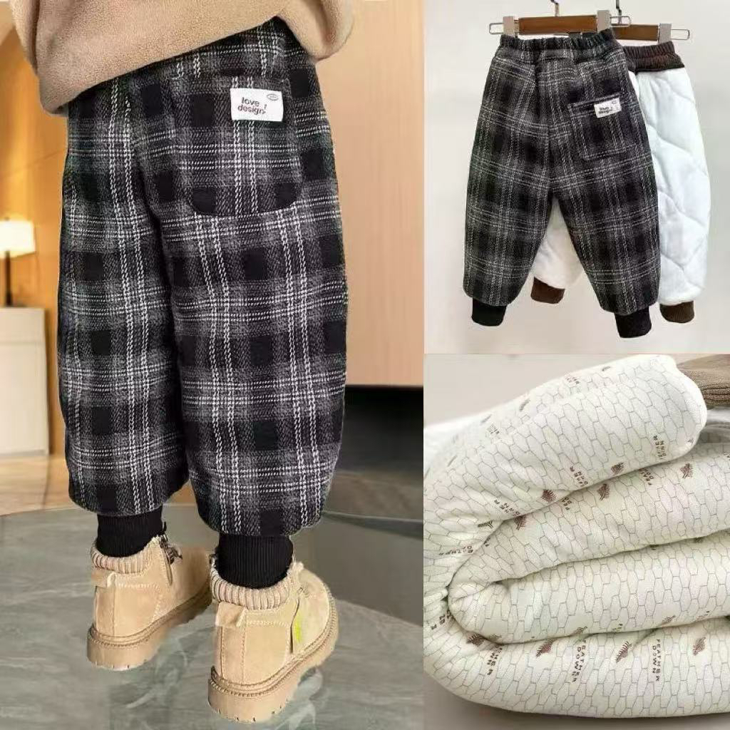 儿童加绒加厚裤子冬季宝宝外穿超厚三层夹棉保暖男童女童格子棉裤