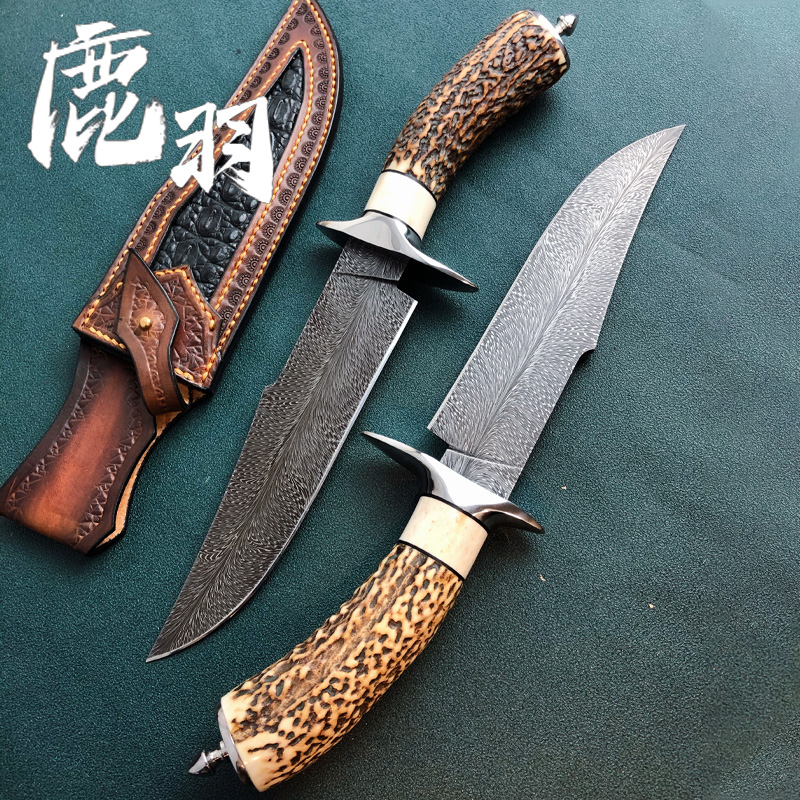[鹿羽]大马士革羽毛纹天然老鹿角柄手工高硬度直刀锋利小刀
