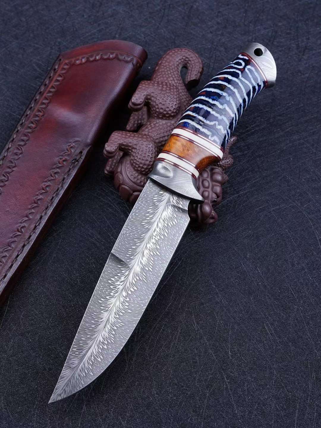 进口锻造羽毛纹大马士革刀收藏小刀