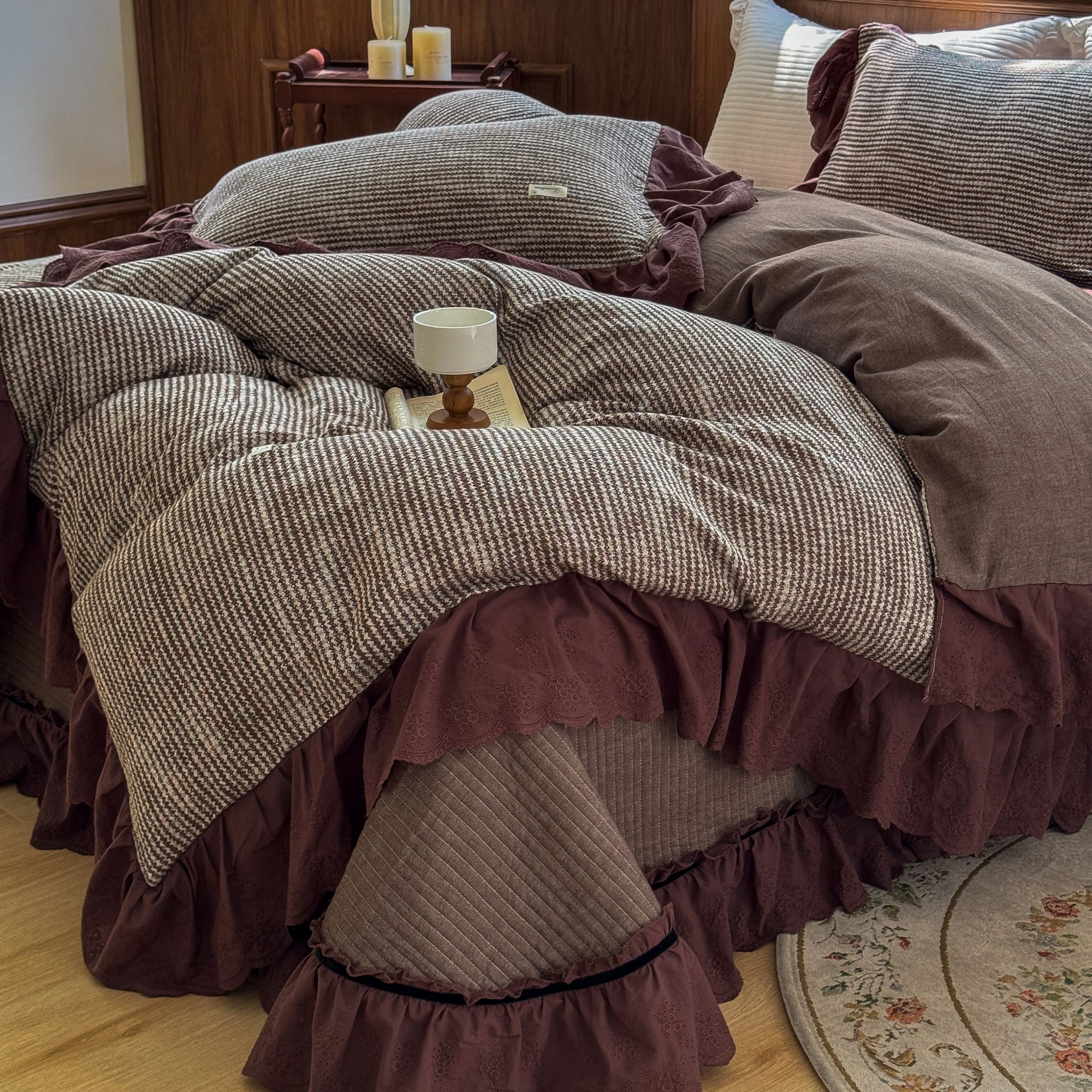 梅边【高级巧颂床盖】法式小香风轻奢复古韩版绗缝色织棉床盖四件套