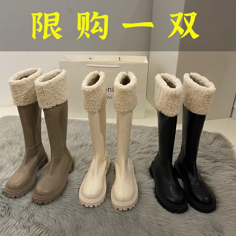 达芙妮沿荐韩版长筒骑士长靴女鞋2022年新款秋冬季加绒毛毛冬鞋雪