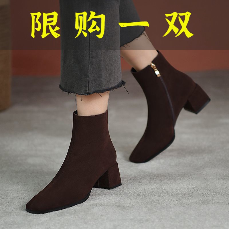 达芙妮沿荐磨砂软皮法式中跟小短靴女2022年新款瘦瘦靴冬季女靴粗