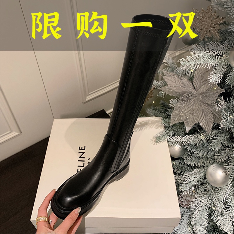 达芙妮沿荐长筒靴女中跟厚底高筒靴百搭显瘦真皮小个子瘦瘦靴秋冬
