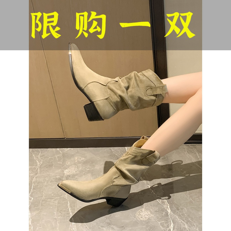 达芙妮沿荐2022秋新款磨砂牛翻皮尖头粗跟中筒靴棕色灰色西部牛仔
