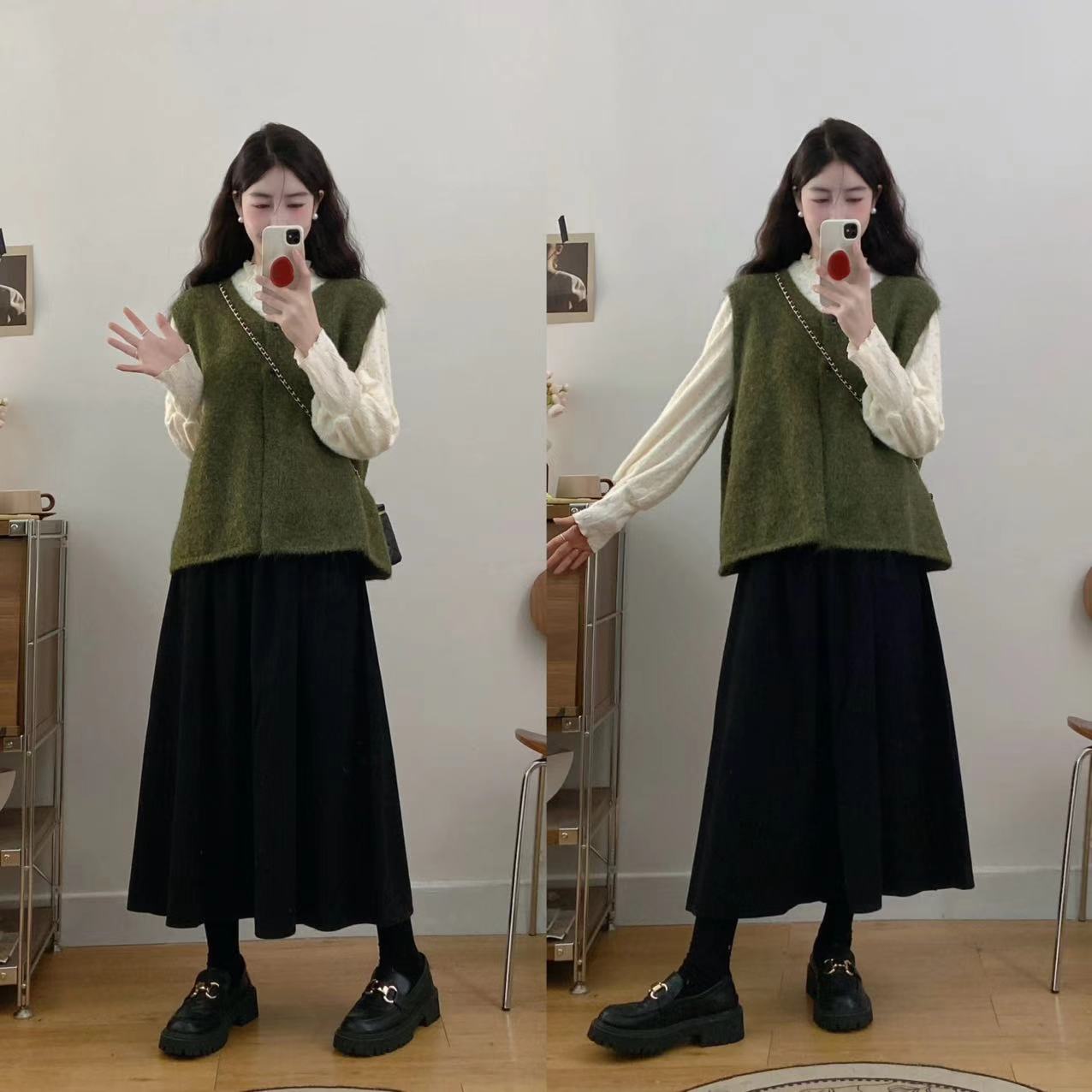 大码百搭气质针织毛衣背心洋气马甲+设计感小众蕾丝打底衫+半身裙
