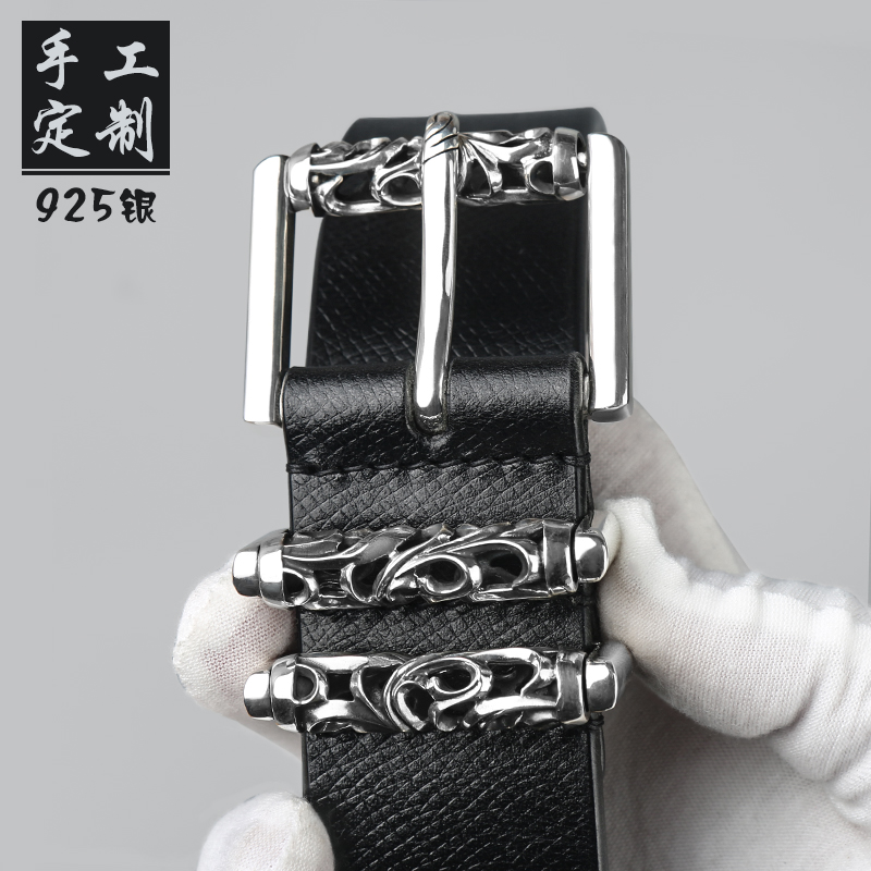 马缰革皮带手工封边制作925银皮带扣针扣高档头层牛皮腰带