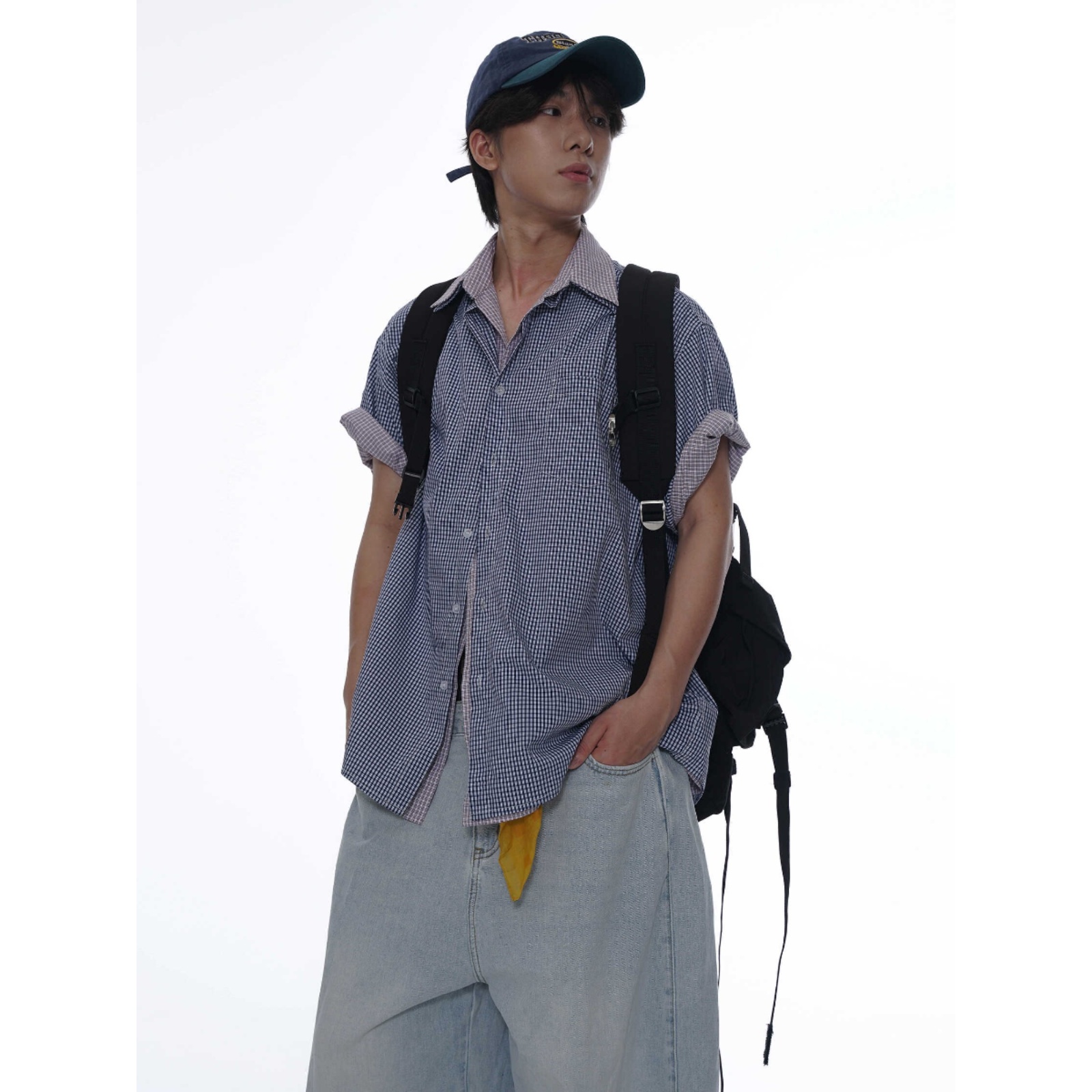 TH90 CREW 美式复古细格纹短袖男女休闲短袖衬衫