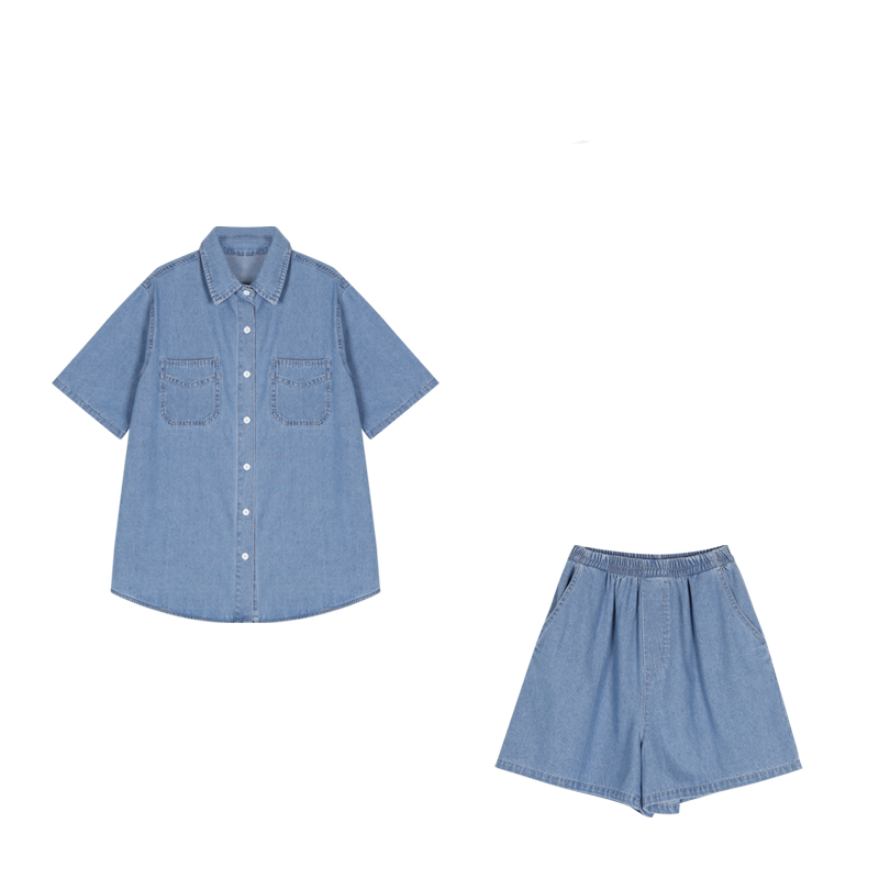 牛仔裤套装夏季设计感小众衬衣港风复古蓝色上衣短袖休闲阔腿短裤