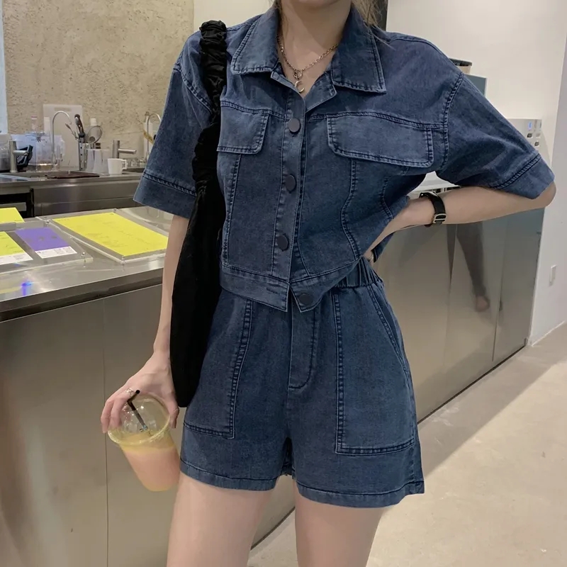 两件套装短外套牛仔短裤女2022夏季学生韩版宽松小个子百搭遮肚子