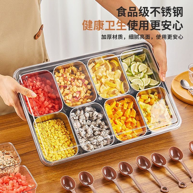 冰粉配料盒摆摊专用材料收纳工具不锈钢水果捞带盖调料盒一体多格