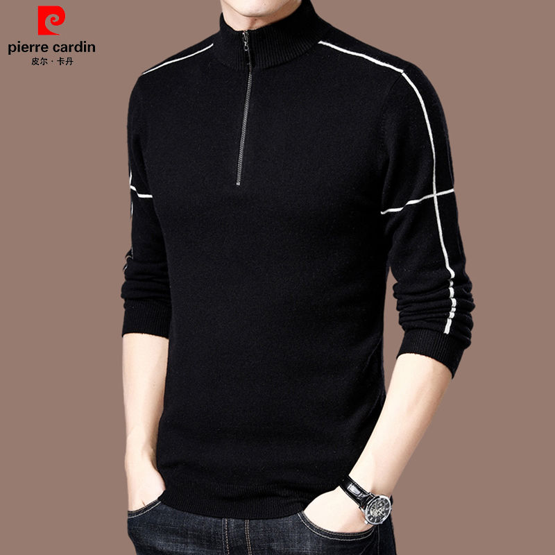 皮尔卡丹100%纯羊毛衫男半高拉链男士毛衣秋冬加厚保暖打底针织衫