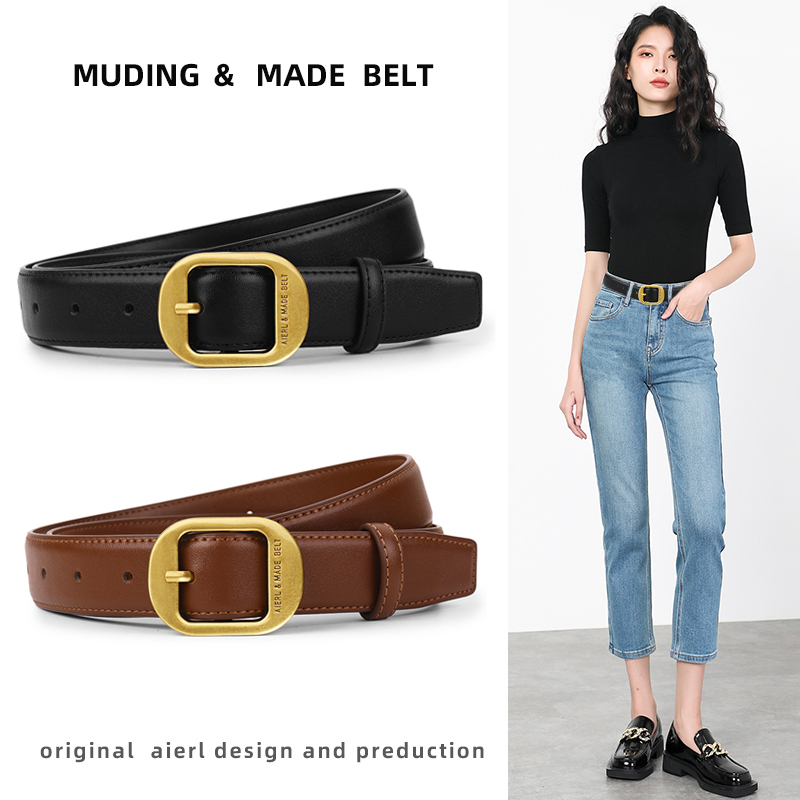 女士皮带真牛皮百搭新款时尚腰带女款装饰配牛仔裤带休闲简约黑色