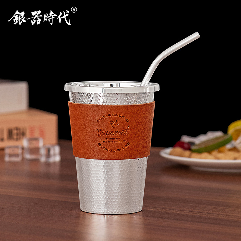 银器时代 银水杯足银999银杯冰霸杯女士马克杯足银可乐咖啡吸管杯