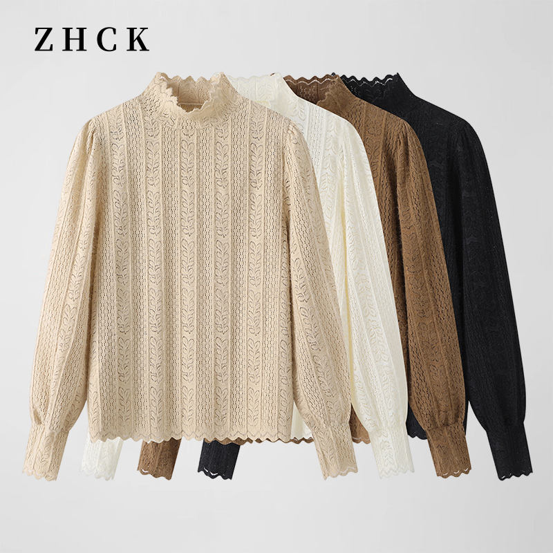 ZHCK微透半高领气质百搭上衣2025秋季新款纯色镂空修身打底衫女