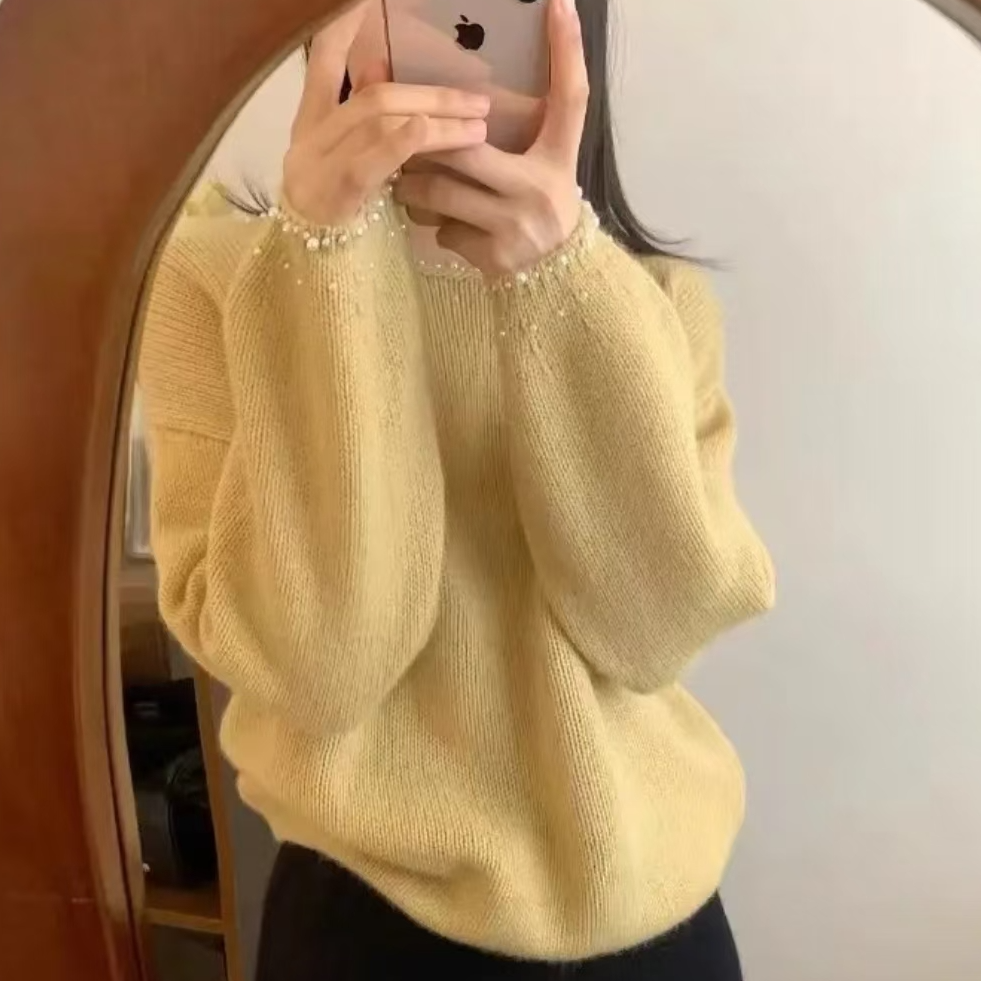 法式别致钉珠高级感长袖毛衣女秋冬2025新款洋气百搭软糯针织上衣