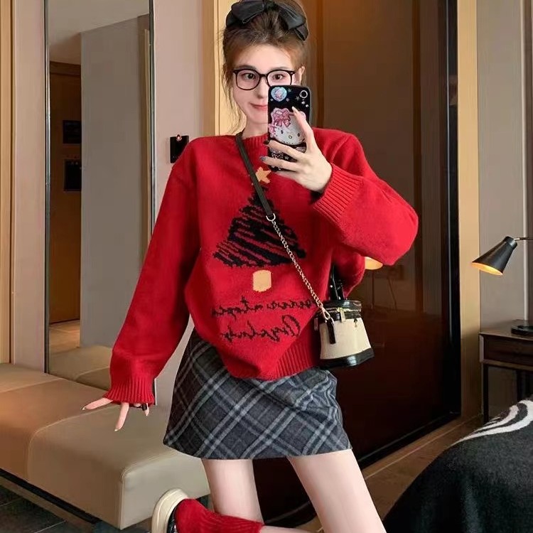 加厚红色圆领毛衣女秋冬设计感小众高级感软糯打底内搭圣诞针织衫