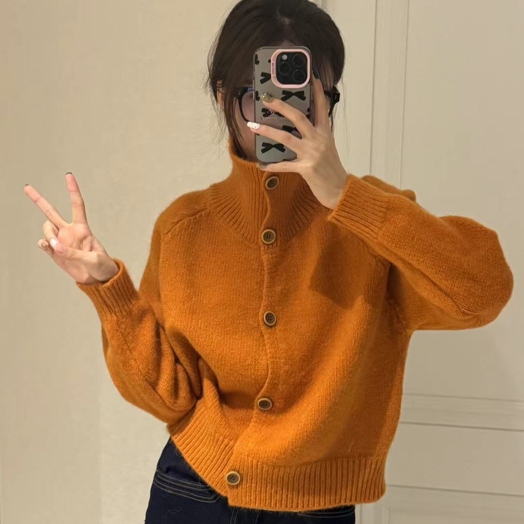 2025秋冬季新款韩系复古立领单排纽扣毛衣女款小个子短款针织开衫