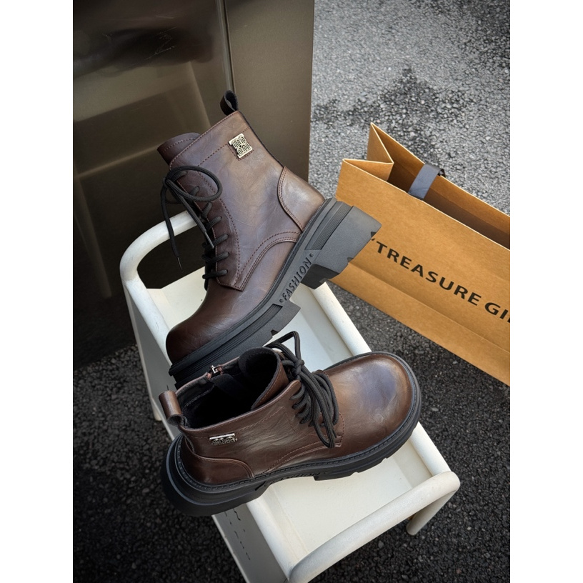 HuoHuo秋冬新款侧拉链复古马丁靴时尚百搭高帮圆头秋5555-7