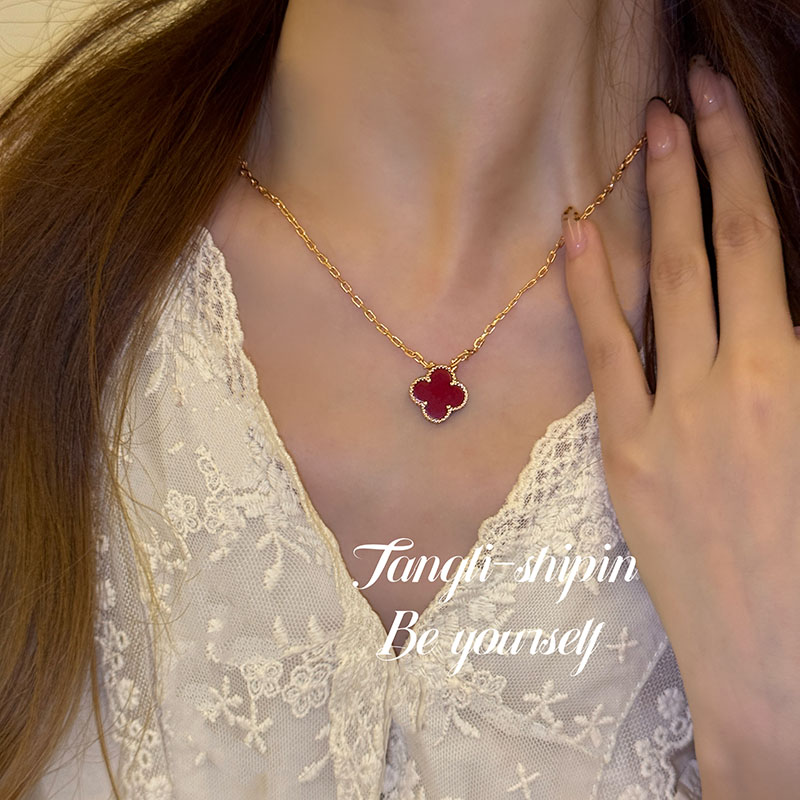 铜合金合成锆石项链 红色幸运四叶草项链锁骨链高级设计感FS1033