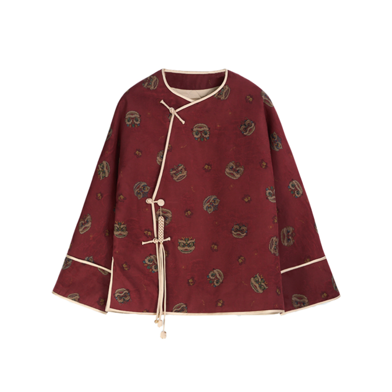 40姆米意招财狮满桑提花绢纺圆领斜襟挂坠宋锦太太服87006JM