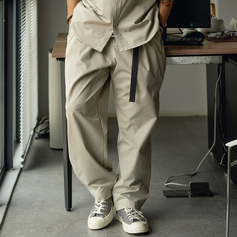 日本外贸定制松紧腰coolmax 科技凉面料宽松微锥形休闲工装裤子男