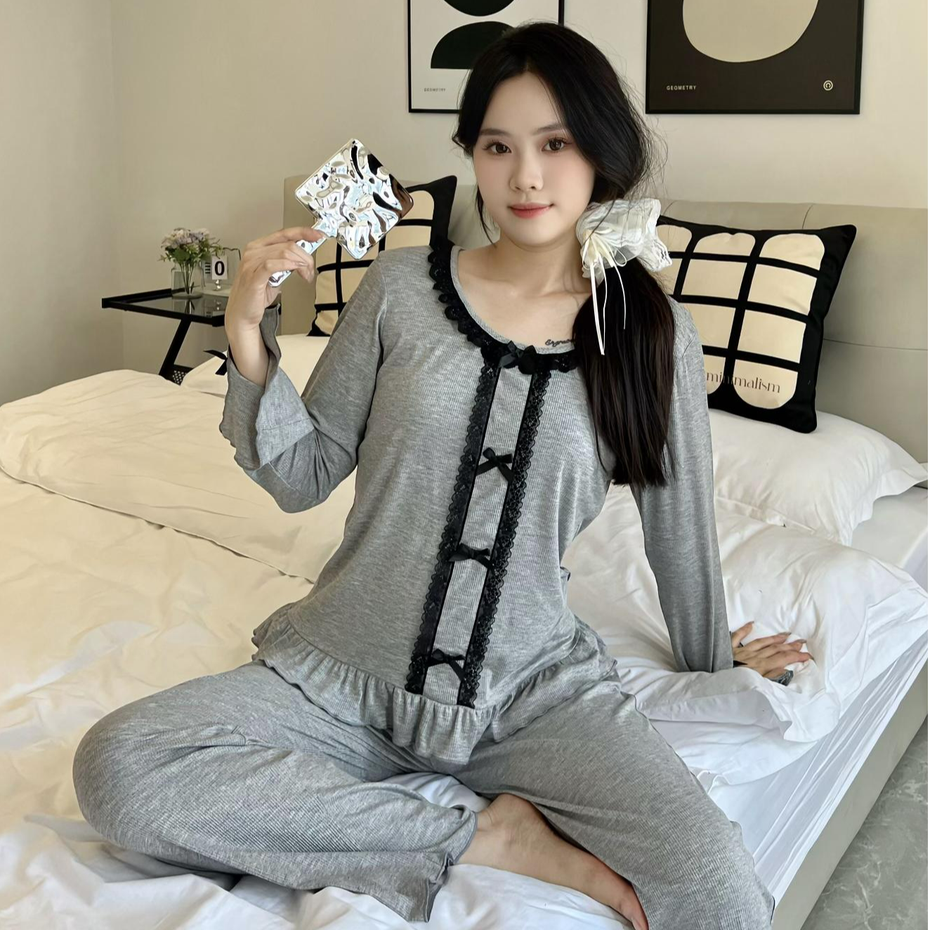 蝴蝶结ins风甜美长袖长裤睡衣秋季带胸垫家居服套装