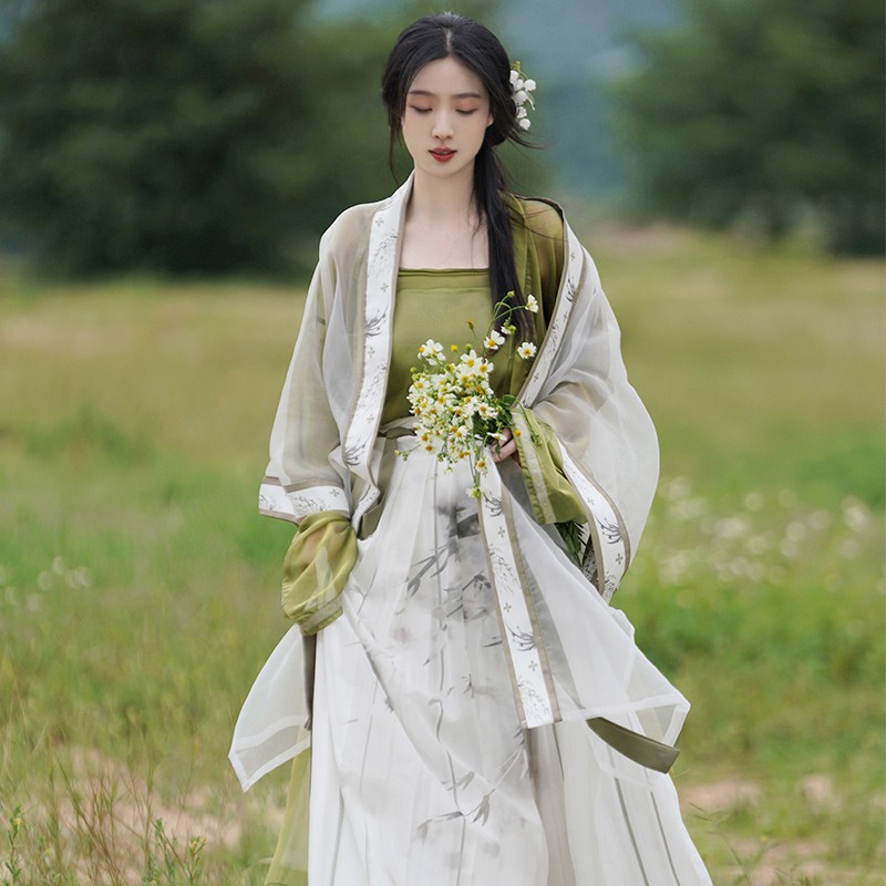 茵卡蕾墨竹原创汉服女中国风宋制四件套绿色齐腰襦裙超仙飘逸夏季