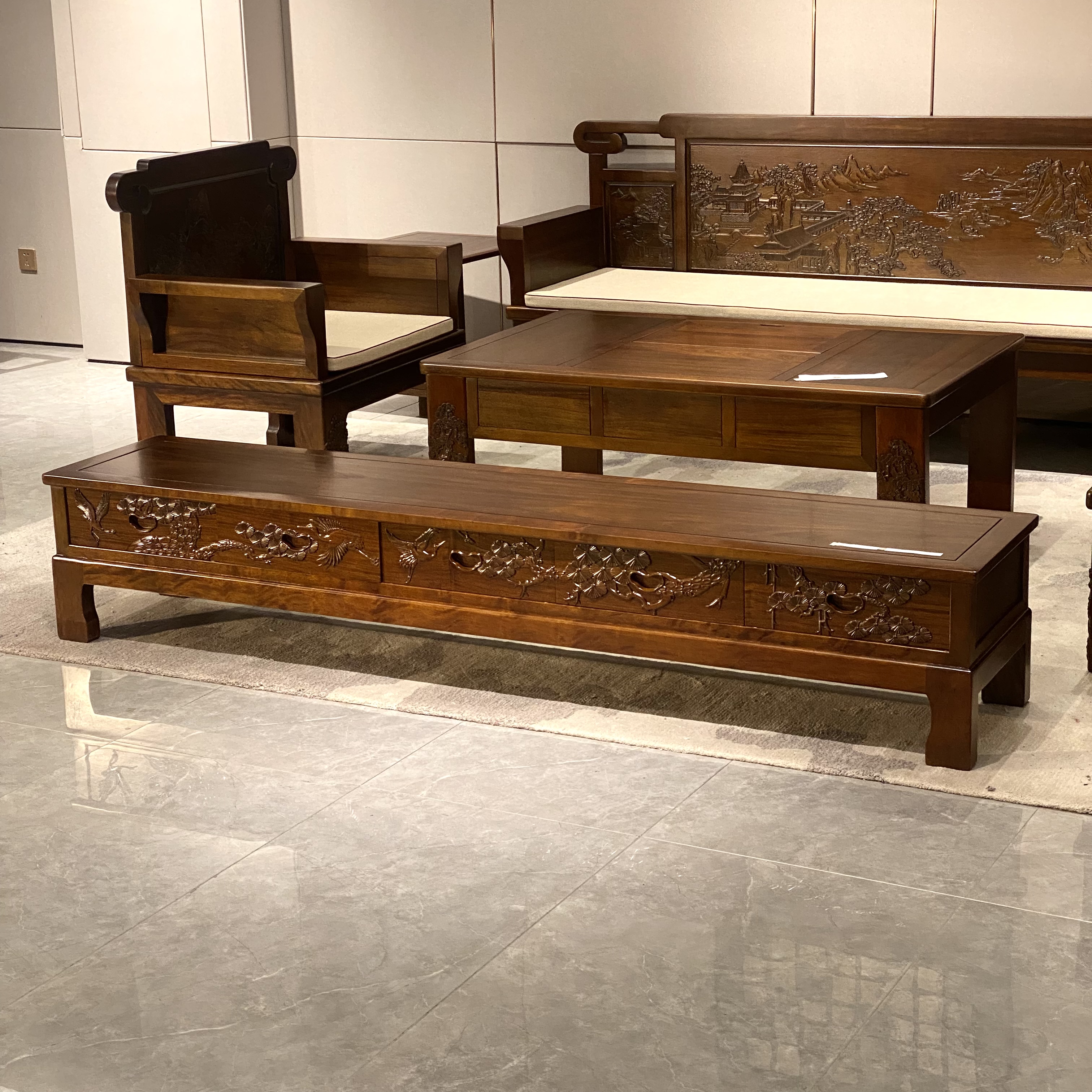 雍博堂推荐-2.2米松鹤延年电视柜  雕花中式储物 尺寸:220*45*40