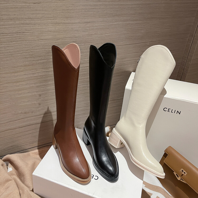 【牛皮】 跟5.5cm长筒靴显瘦粗跟休闲厚底尖头女真皮百搭高筒靴
