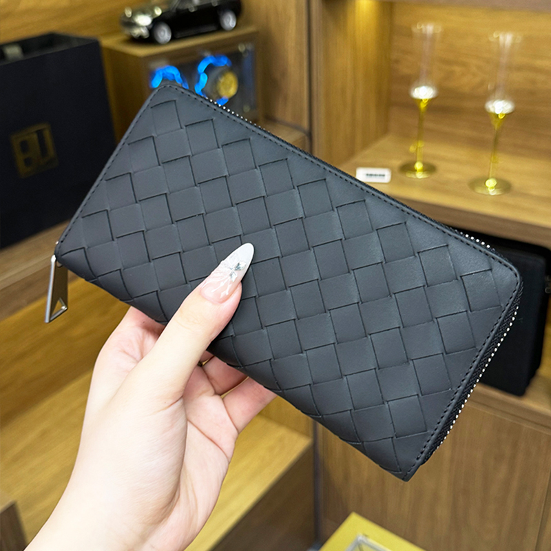 BV头层胎牛皮纯手工编织拉链钱包手包休闲手拿包手抓包时尚商务