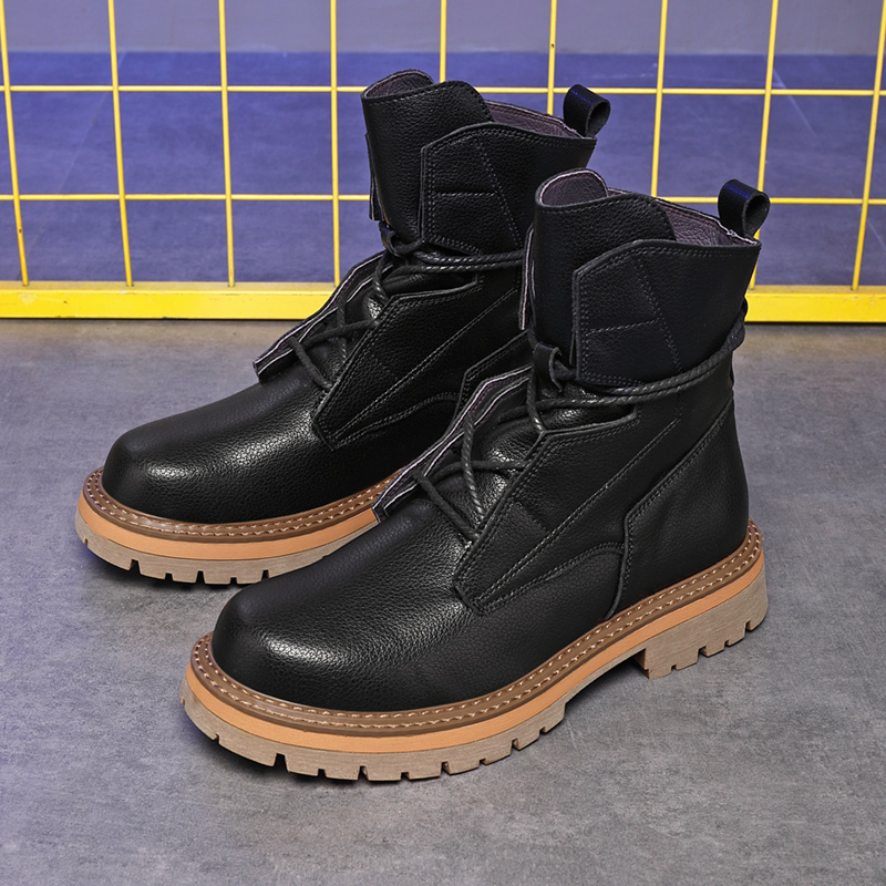 英伦风马丁靴男厚底增高炸街机车高级黑色工装靴子高帮百搭真皮鞋